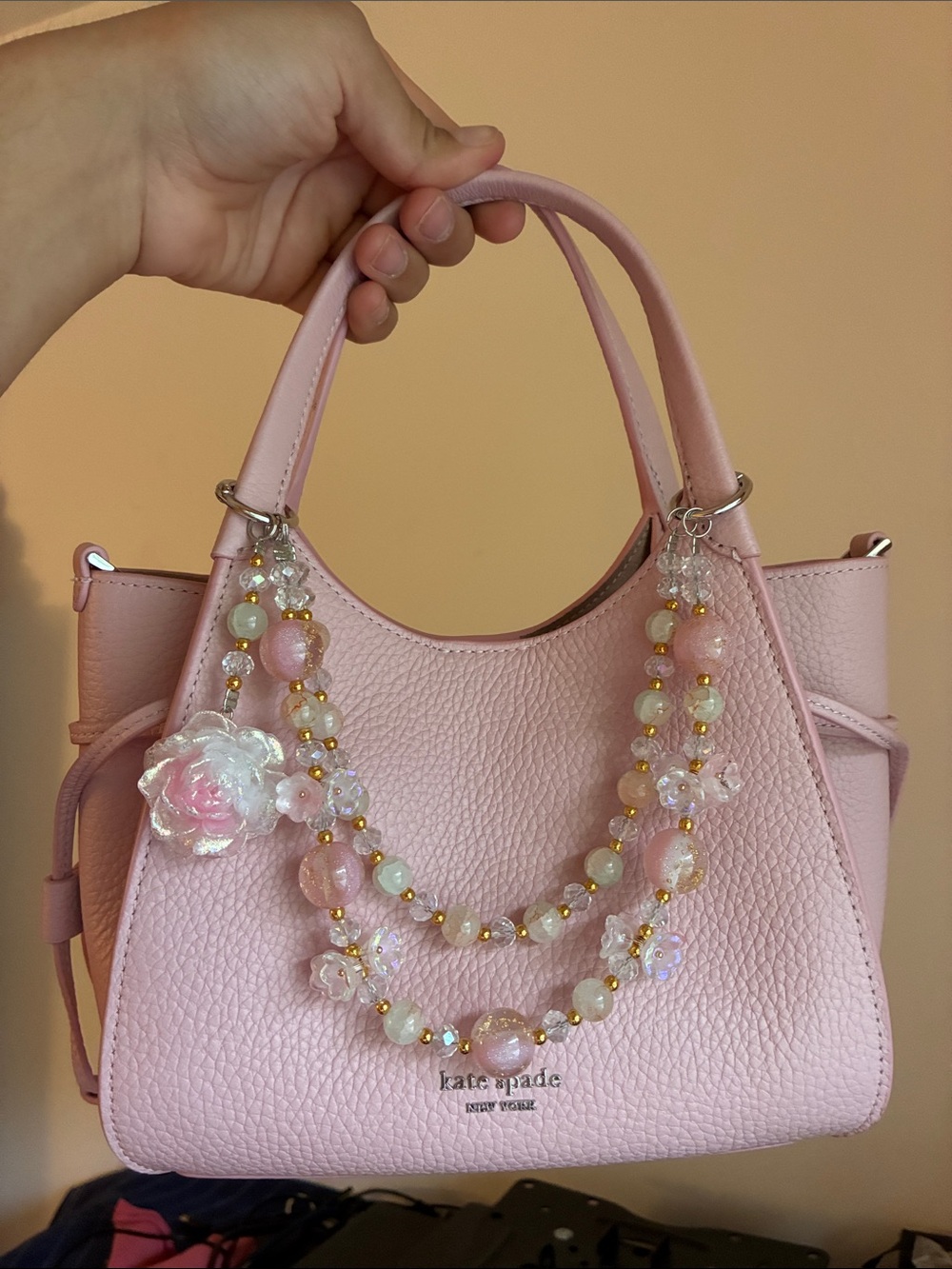 Pink Beaded Flower Charm Keychain Bag Chain